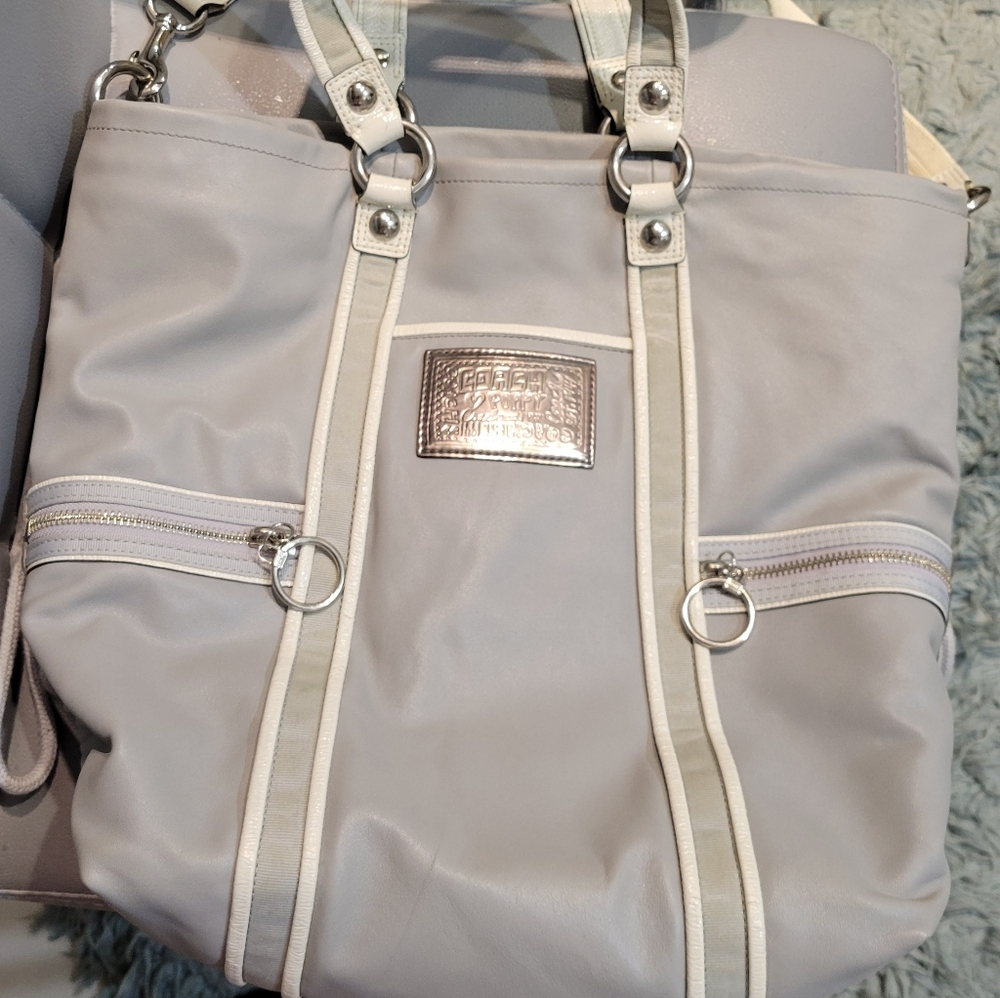 Coach Light Gray Shoulder Tote with Cream Trim and Silver Plaque